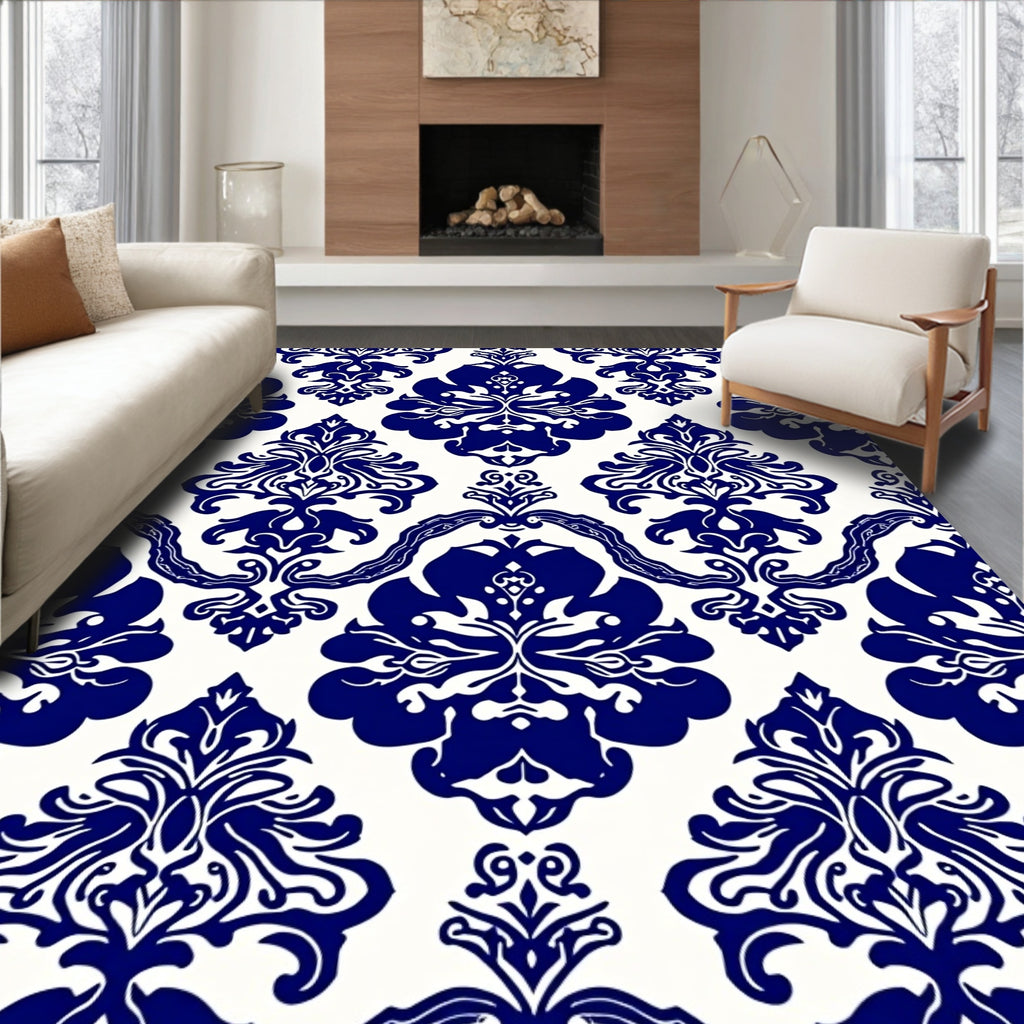 Traditional Blue White Damask Floral Rug