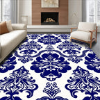 Traditional Blue White Damask Floral Rug