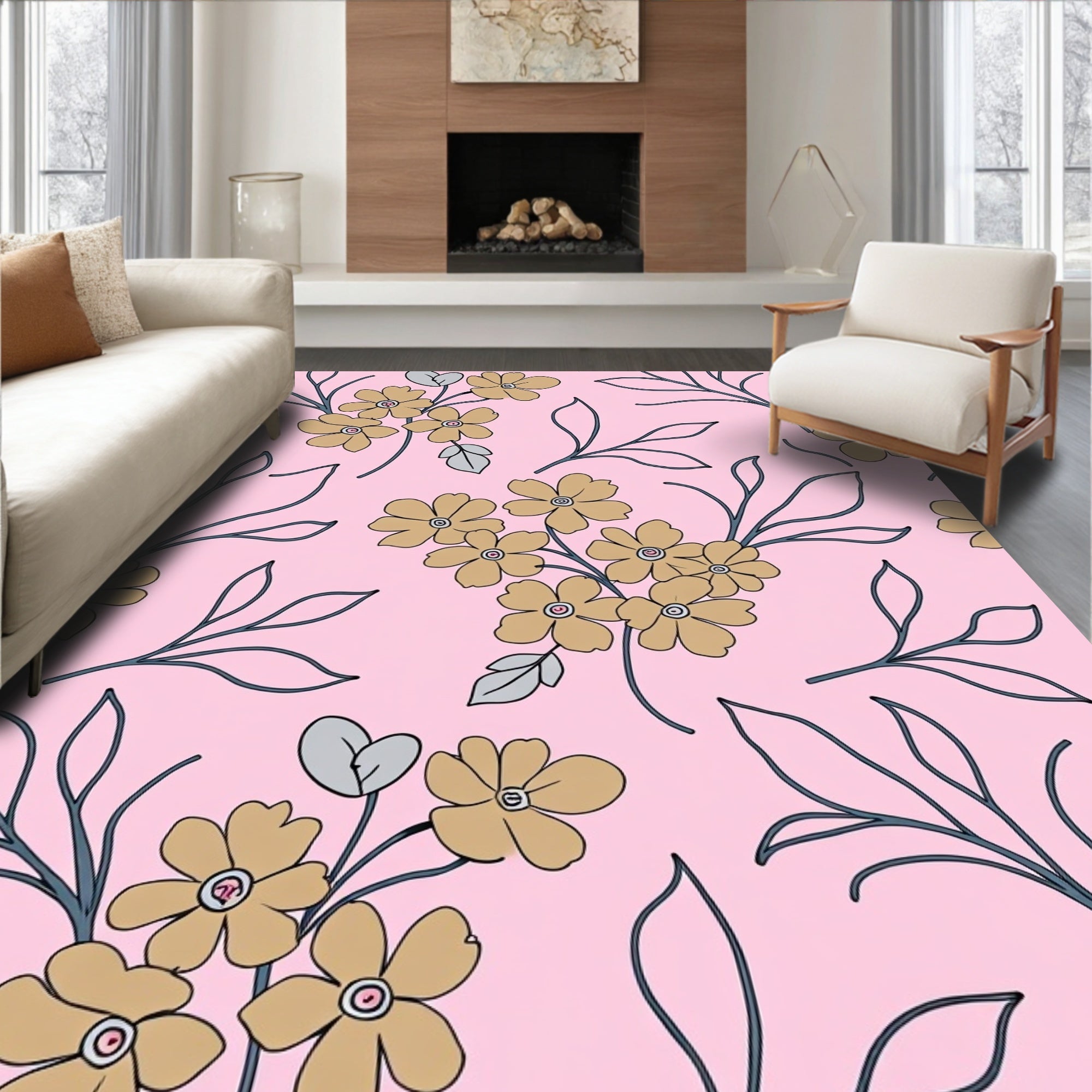 Blush Pink Floral Branch Design Rug