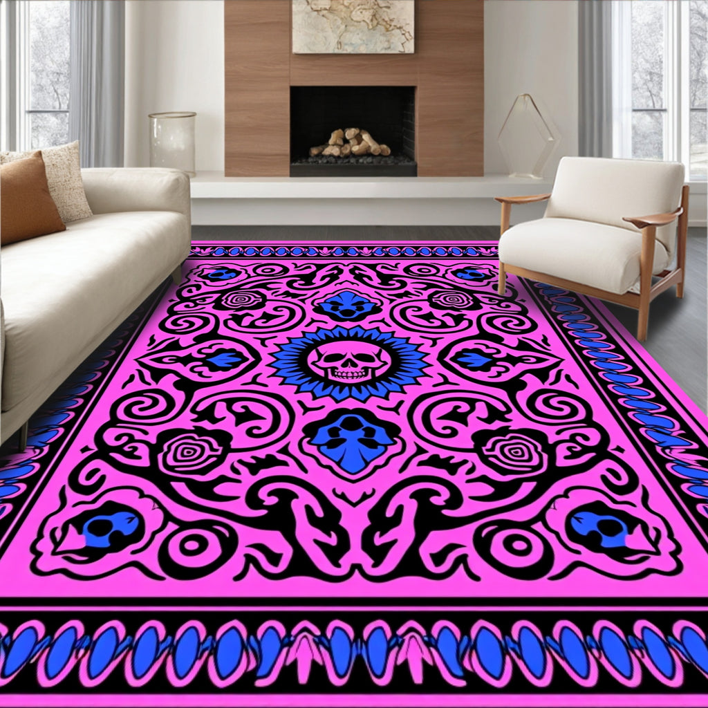 Bold Pink Skull Floral Border Rug