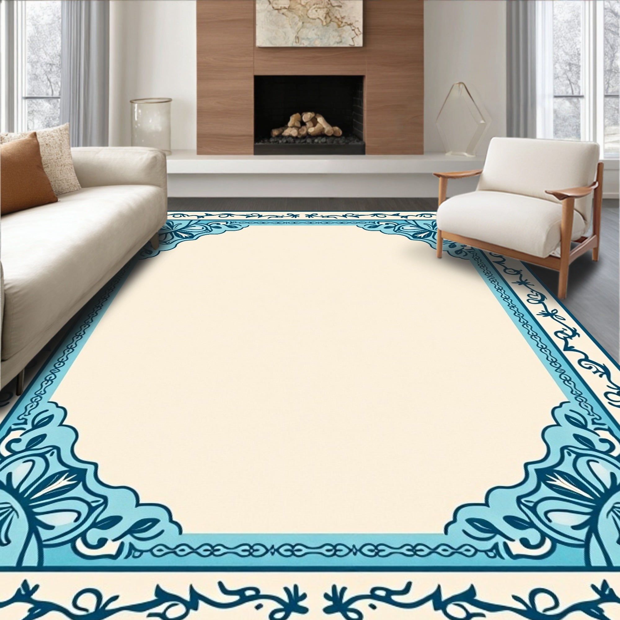 Ornate Blue Floral And Scroll Design Rug