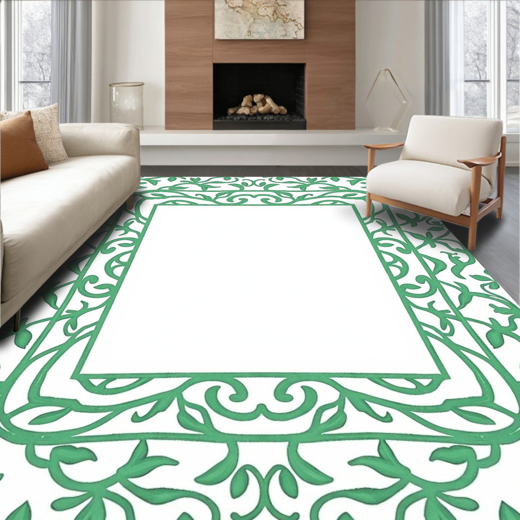 Elegant Green Vine Scroll Border Rug