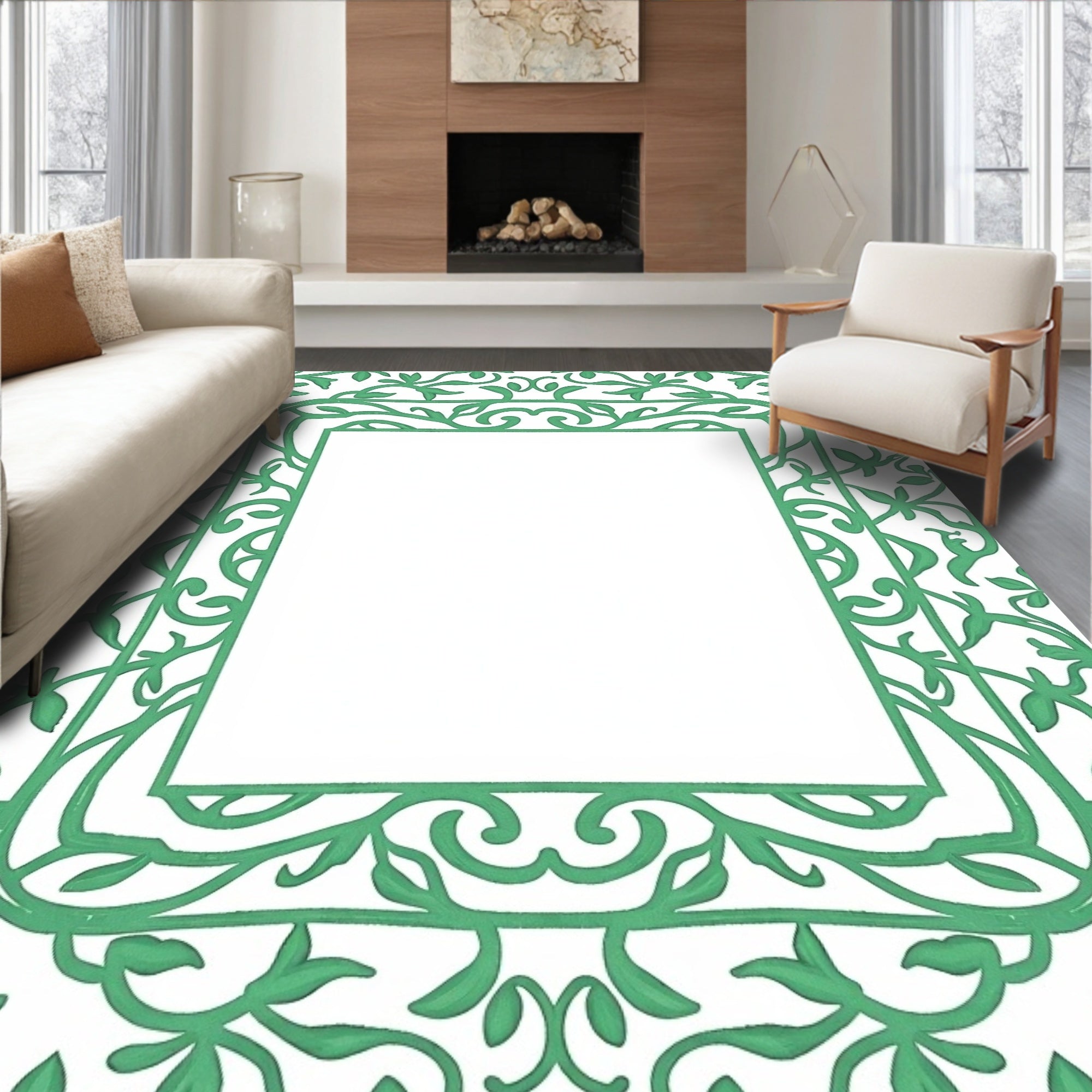 Elegant Green Vine Scroll Border Rug