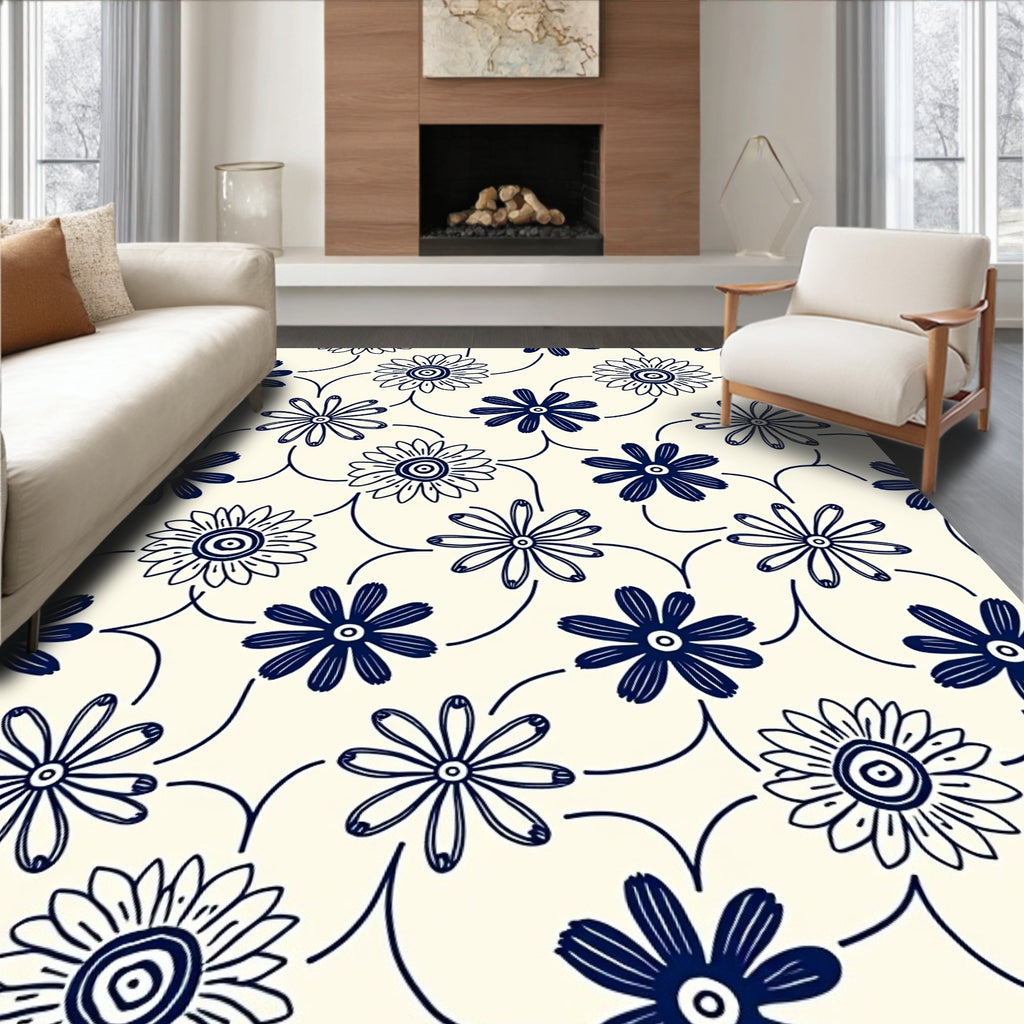 Dark Blue Floral Outline Pattern Rug