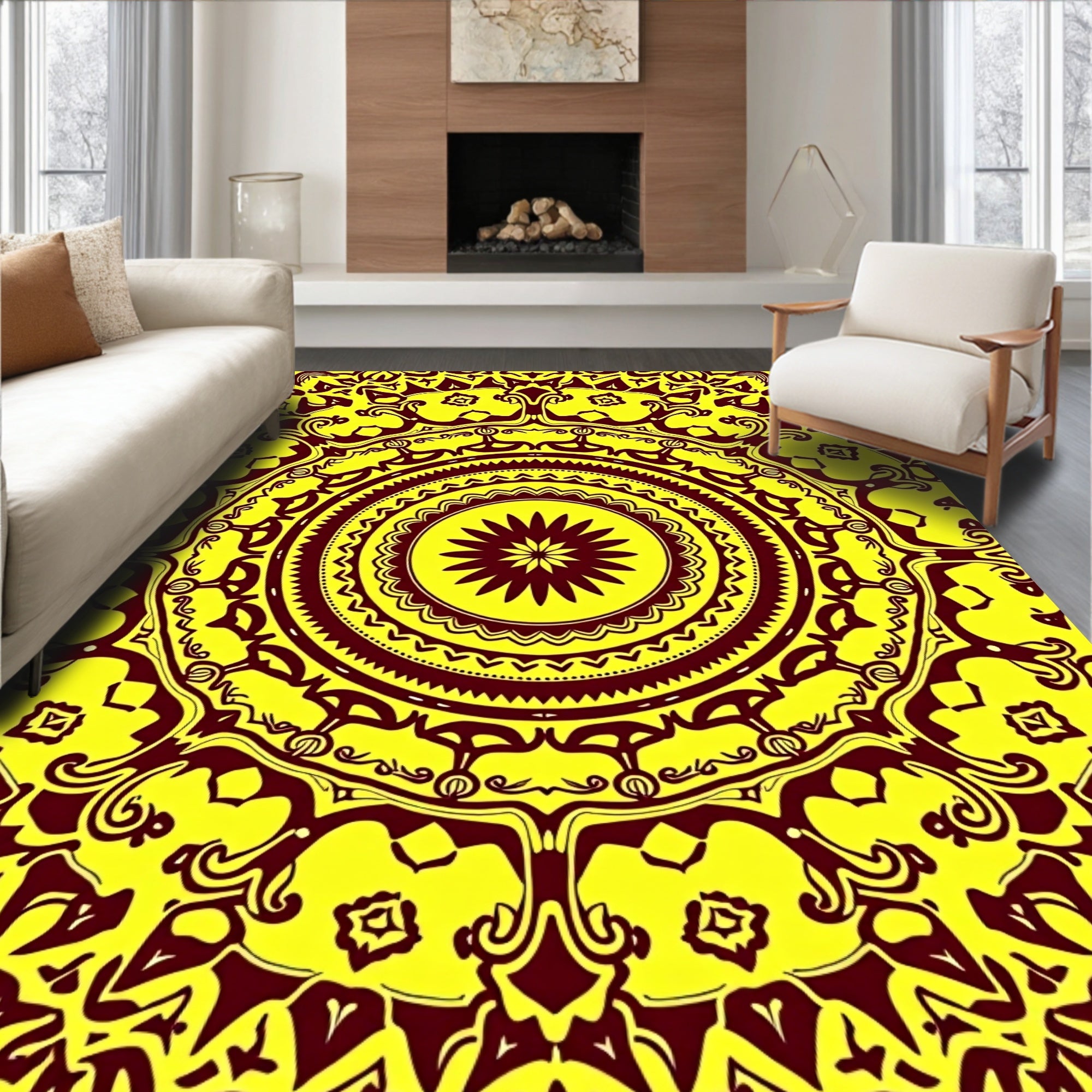 Intricate Yellow Maroon Mandala Design Rug