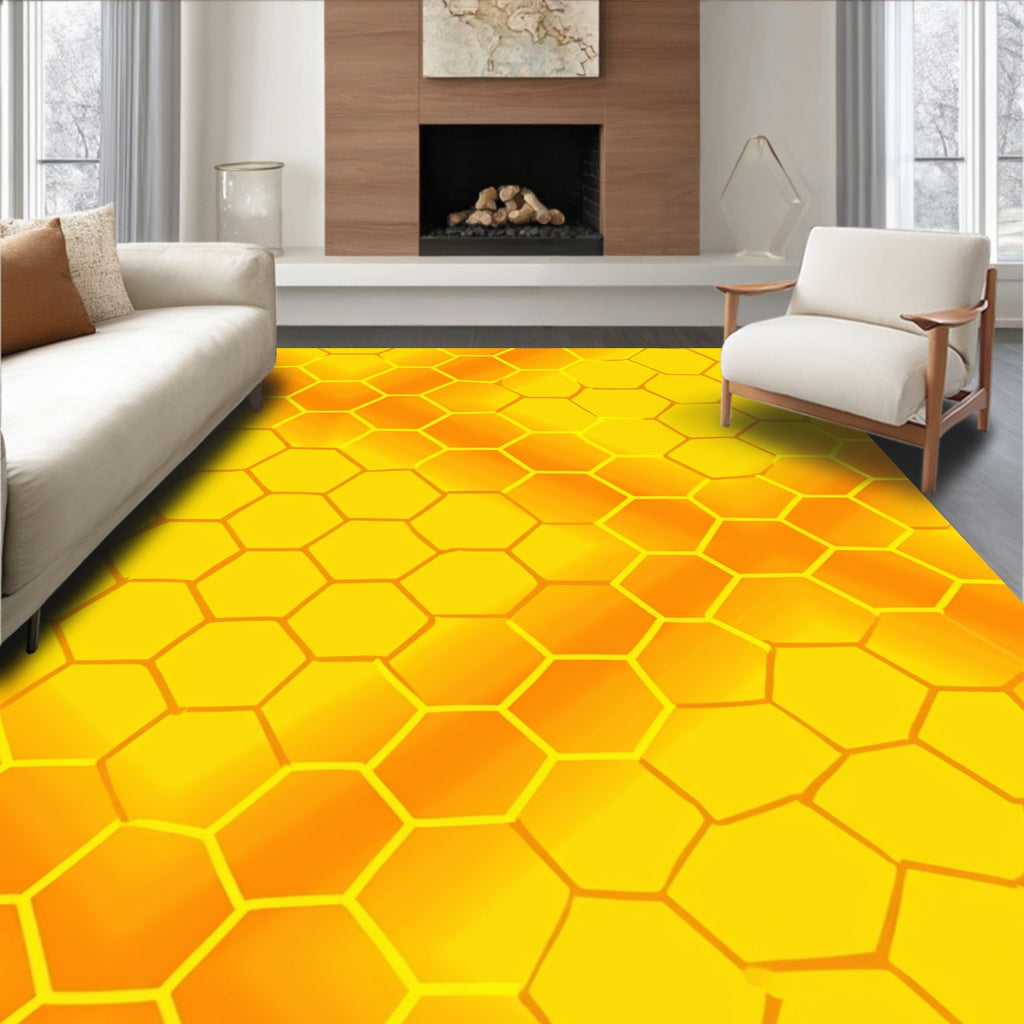 Golden Hexagon Sunburst Pattern Rug
