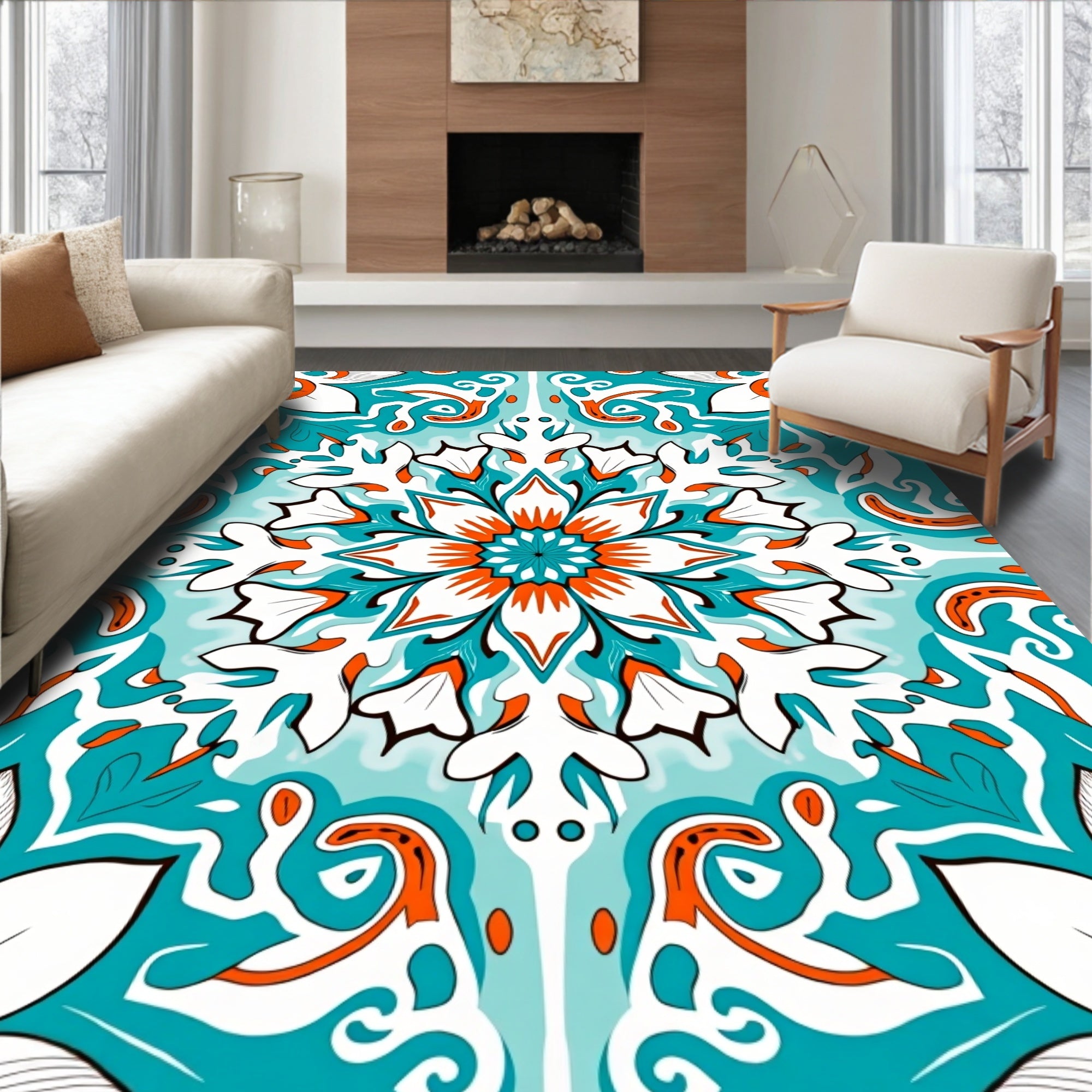 Mandala Floral Pattern With Teal Accents Rug