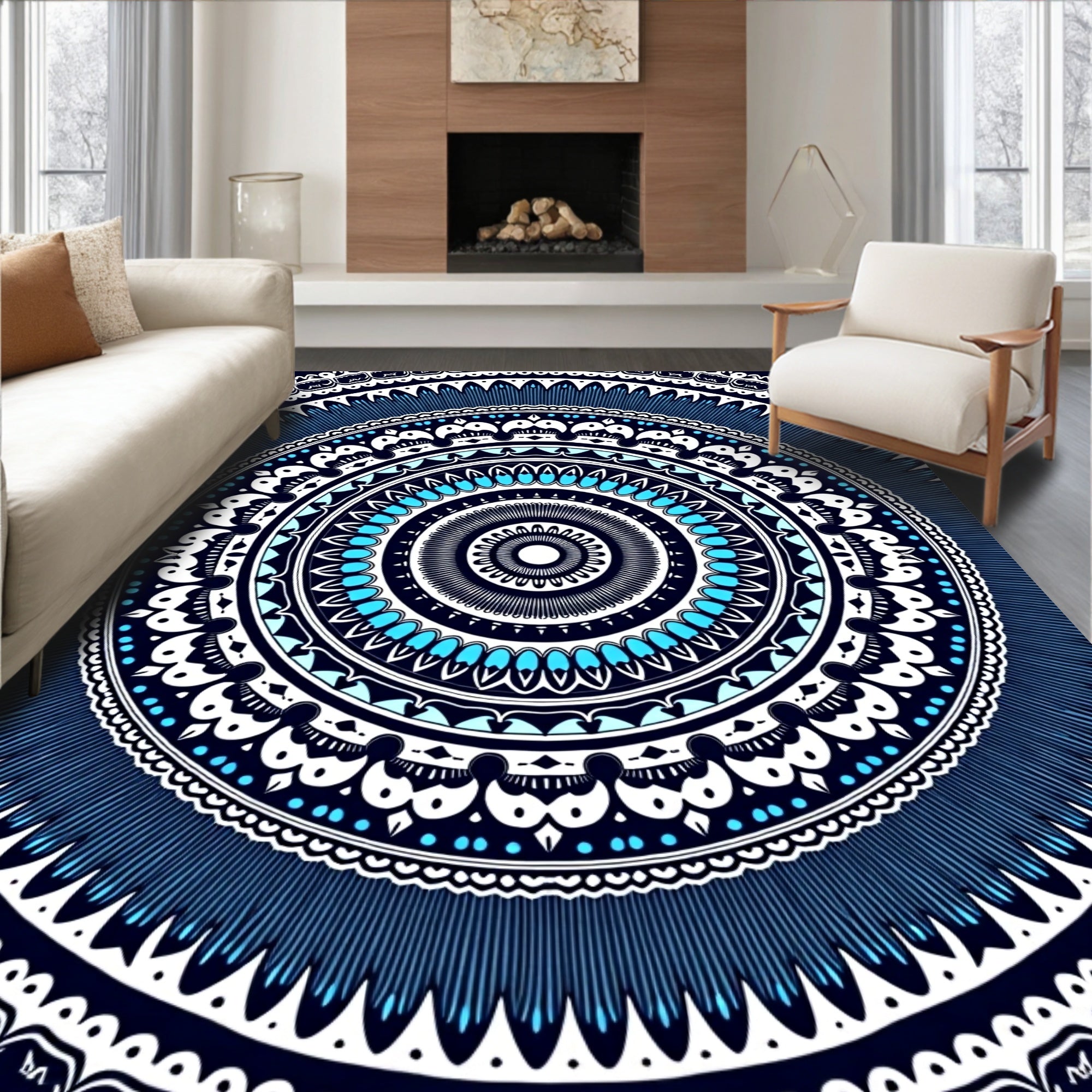 Intricate Blue Geometric Mandala Design Rug