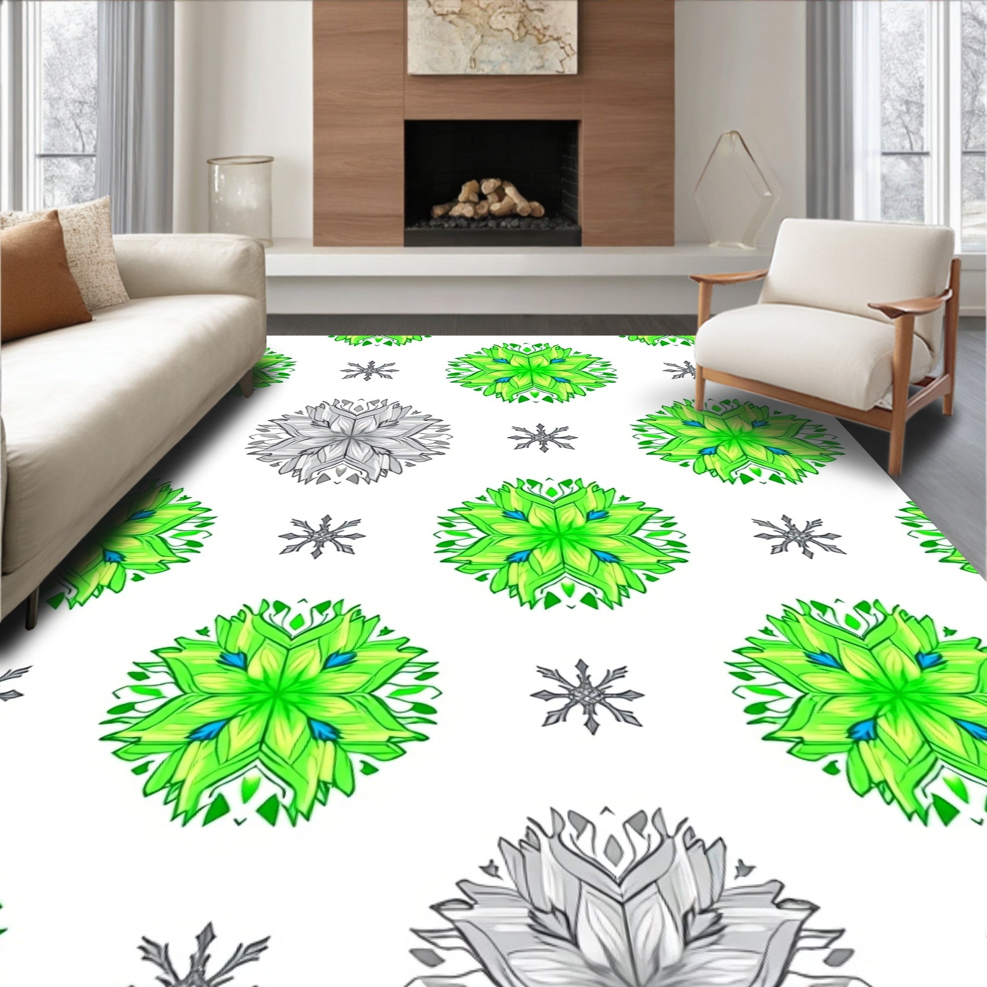 Vibrant Green Snowflake Mandala Art Rug