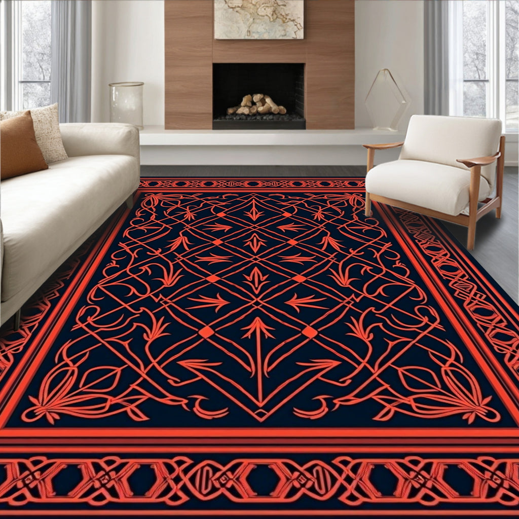 Intricate Orange Floral Geometric Design Rug