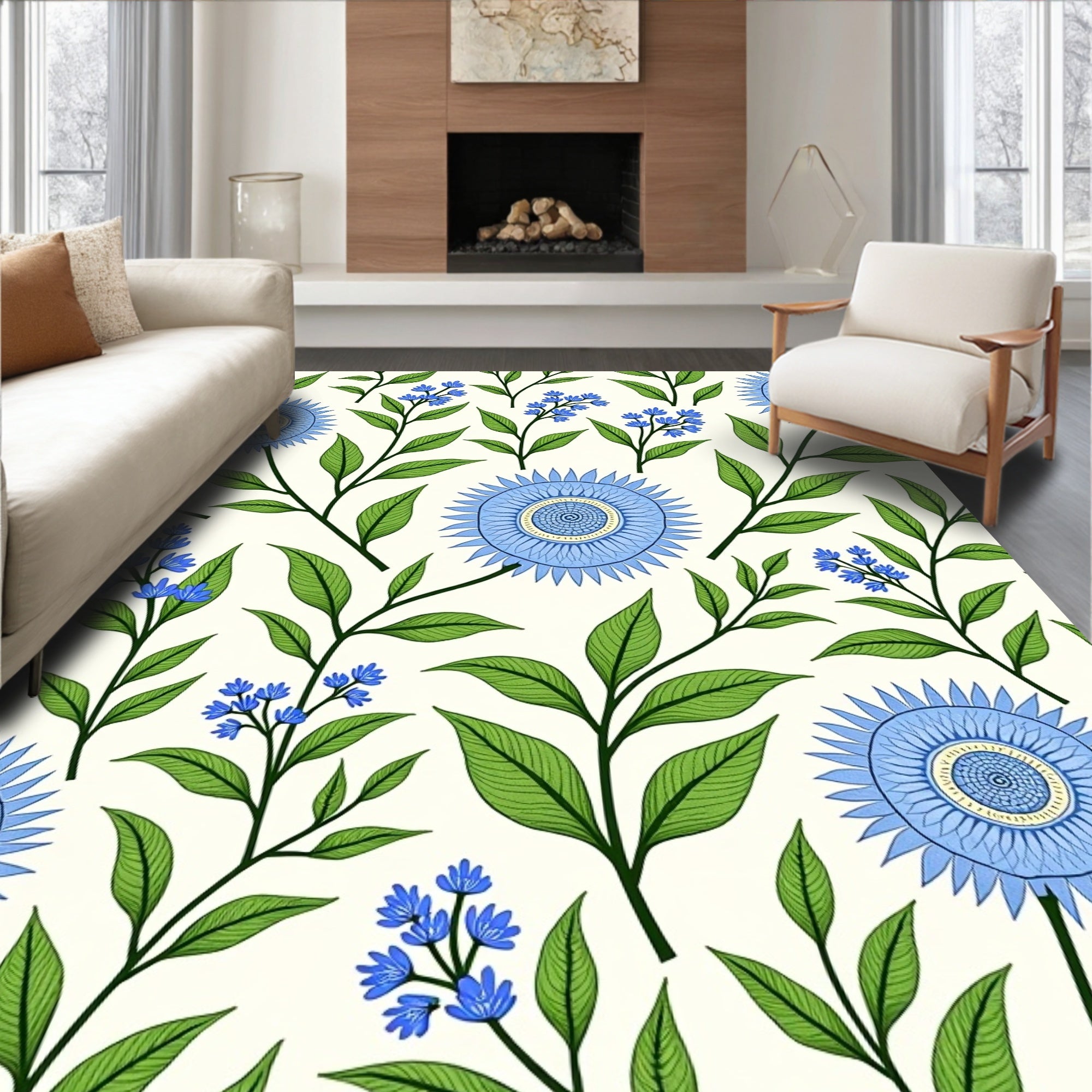 Blue Botanical Floral Pattern Rug