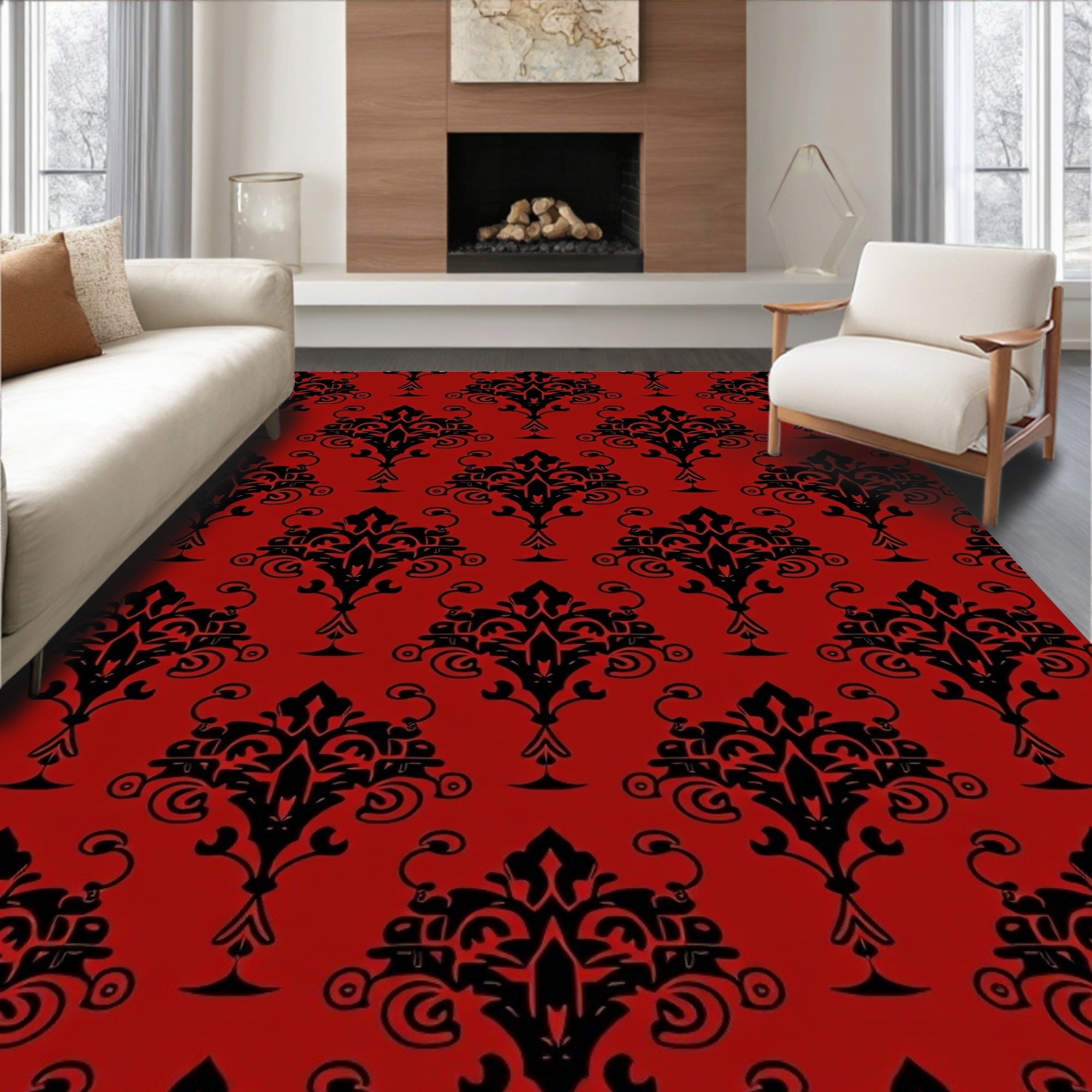 Classic Black Red Damask Pattern Rug