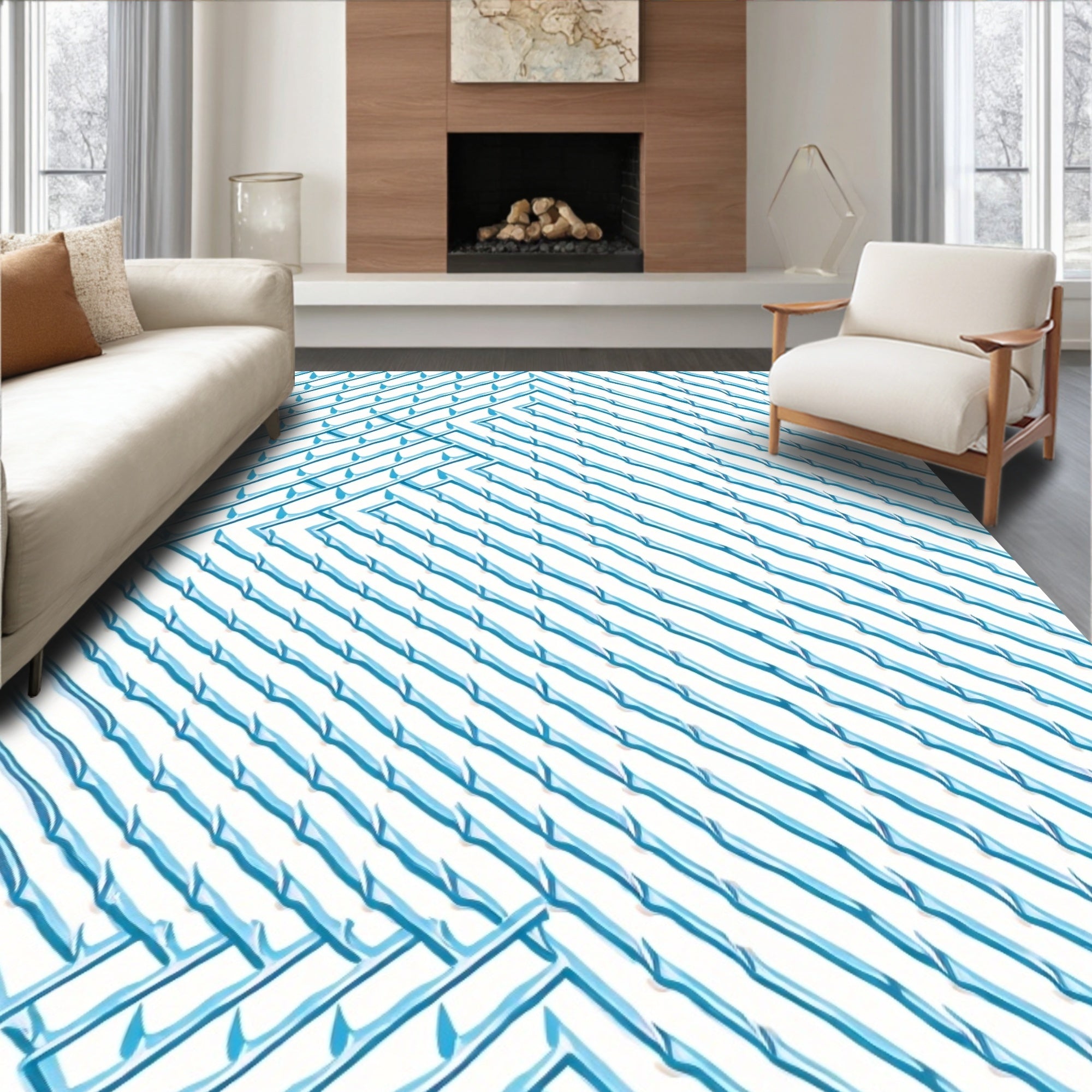 Blue White Geometric Pattern Rug