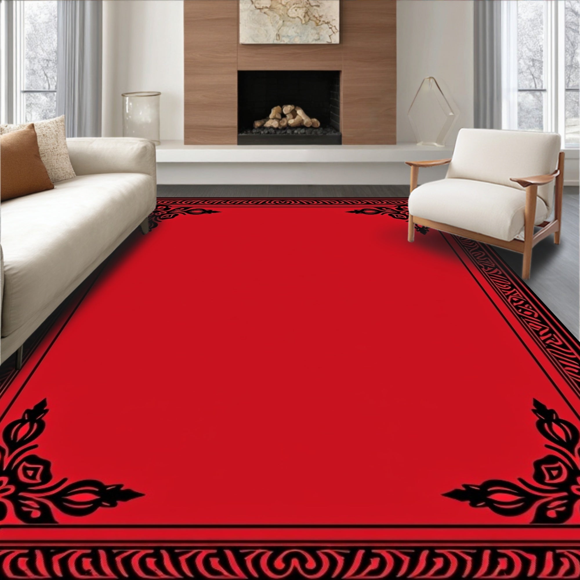 Crimson Red with Black Floral Patterned Border Rug