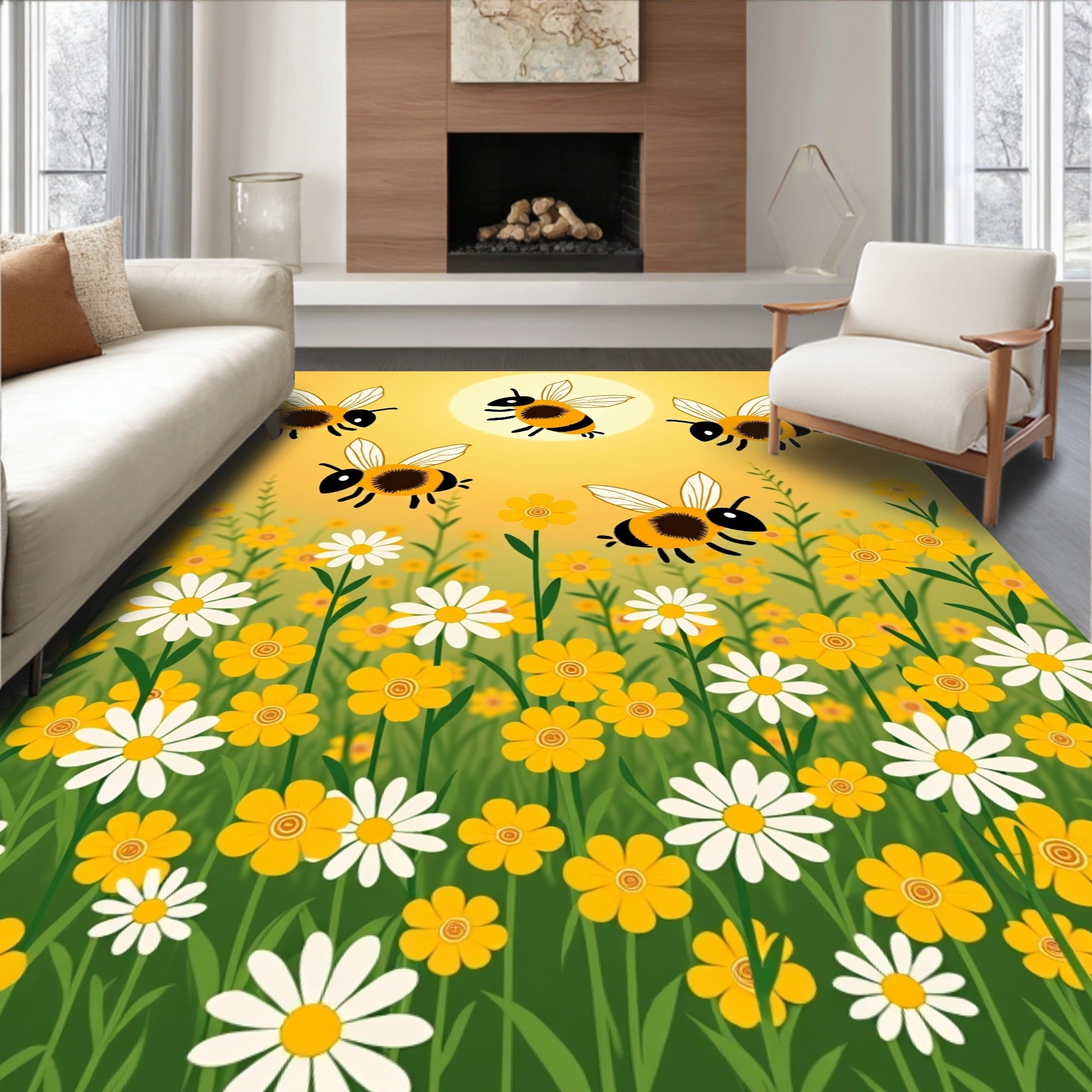 Whimsical Bees and Daisies Pattern Rug