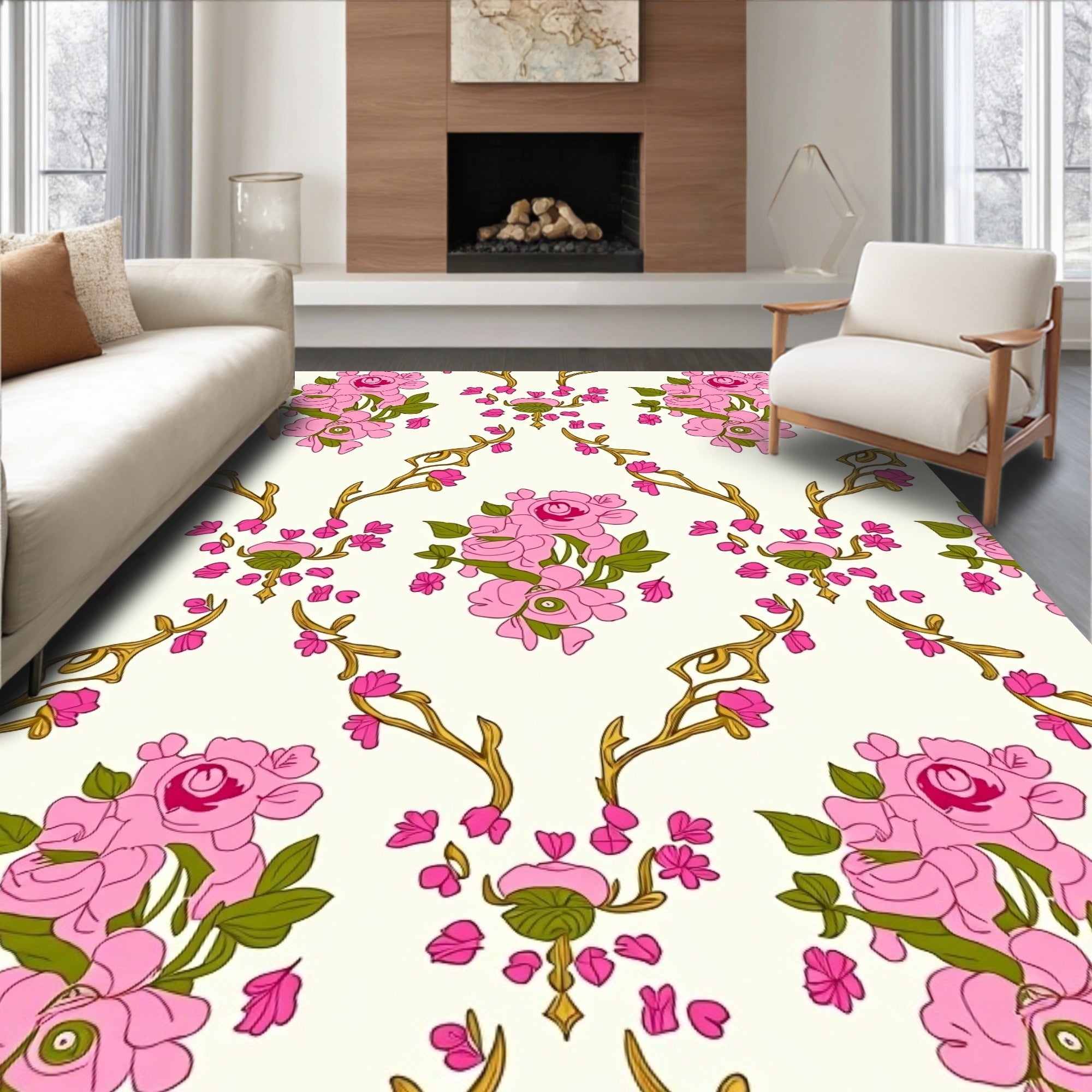 Pink Floral Vine Pattern Design Rug