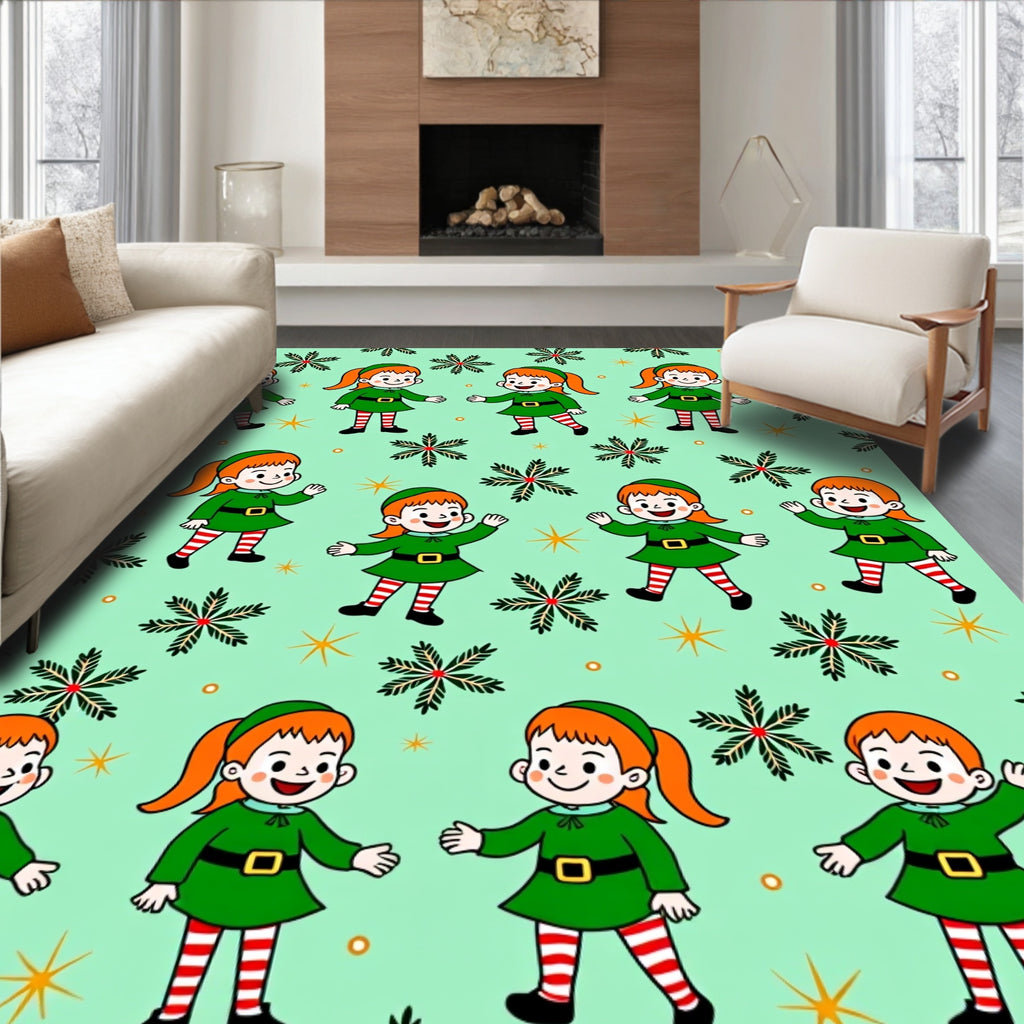 Festive green elf stars repeat motif Rug