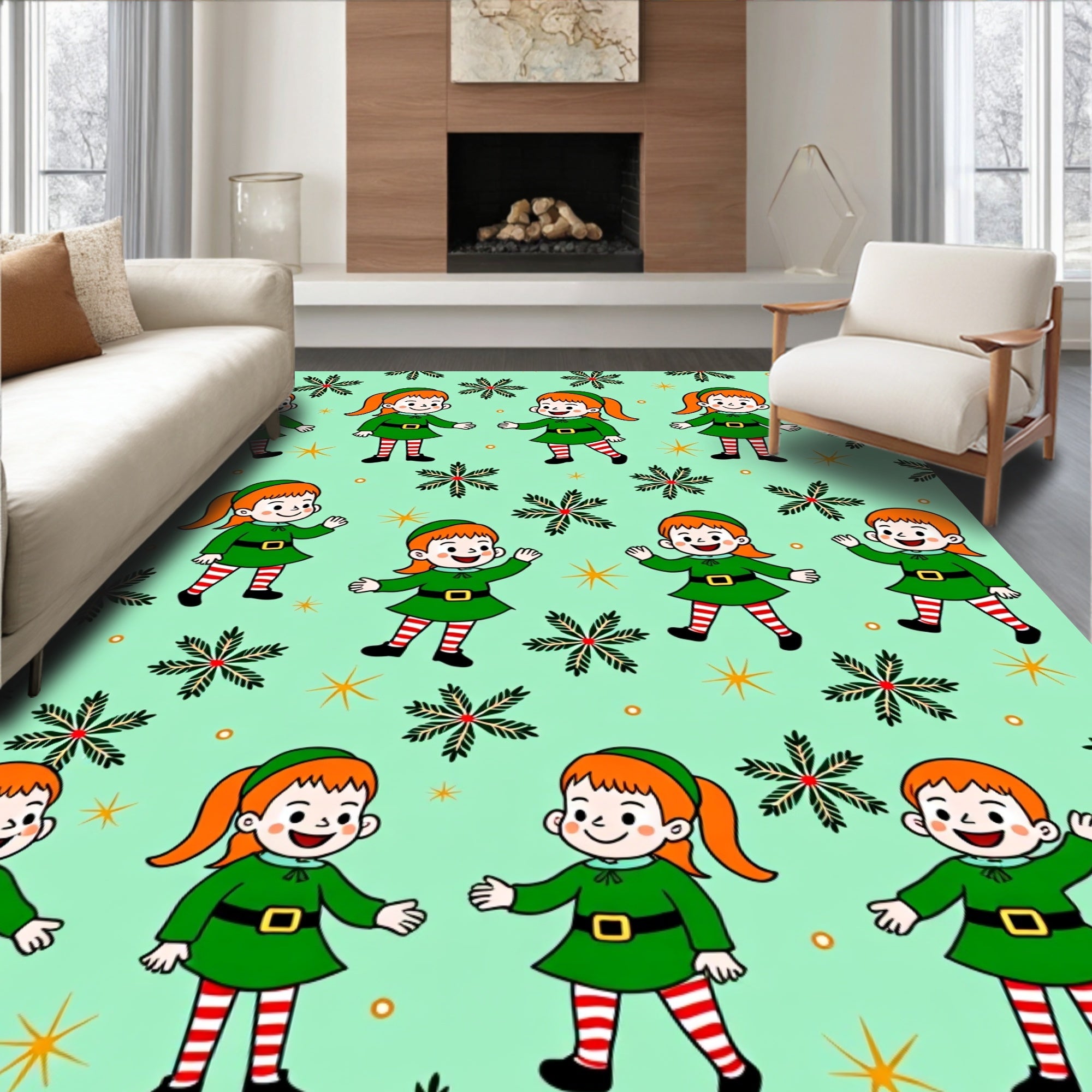 Festive green elf stars repeat motif Rug