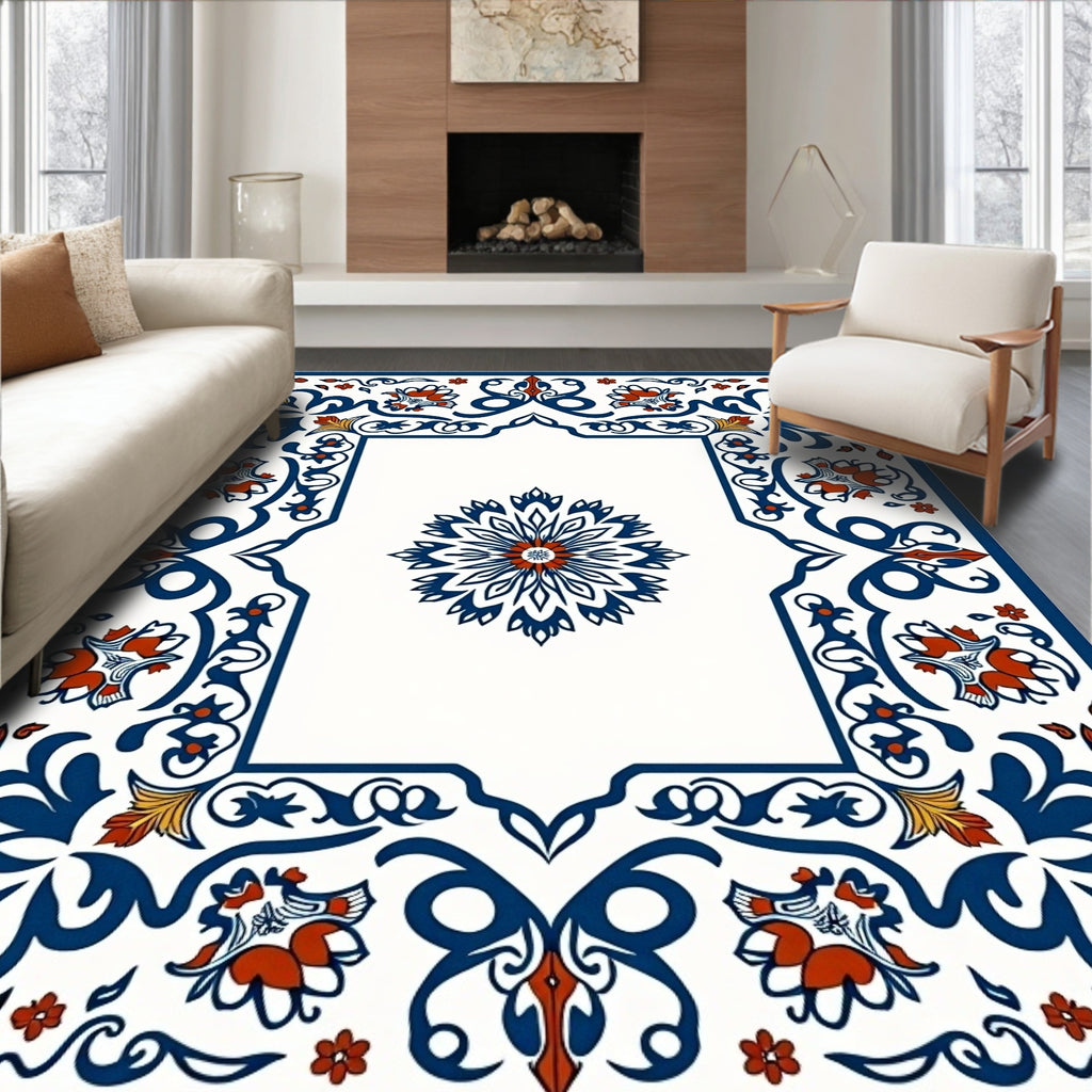 Ornate Blue Red Floral Mandala Rug