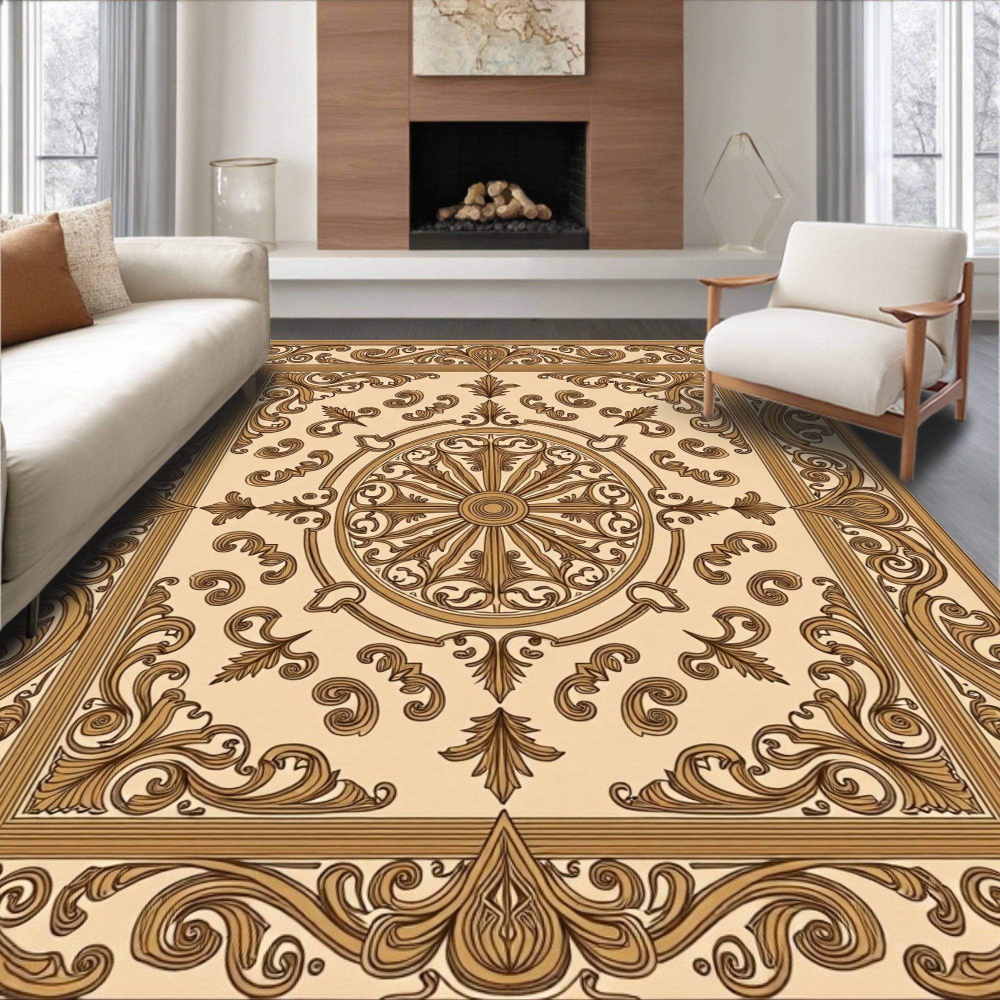 Ornate Scrollwork Golden Frame Rug