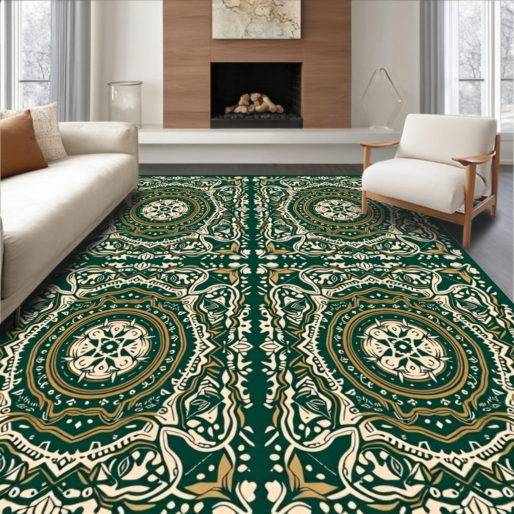 Intricate Medallion Green Gold Pattern Rug
