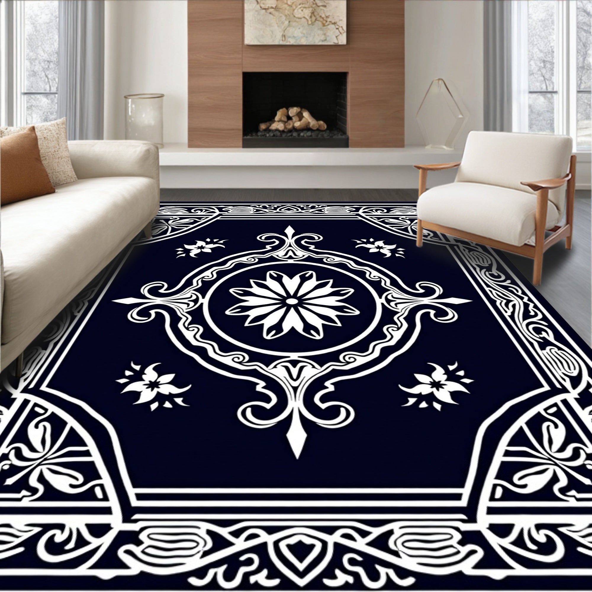 Elegant Floral and Scrollwork Motif Rug