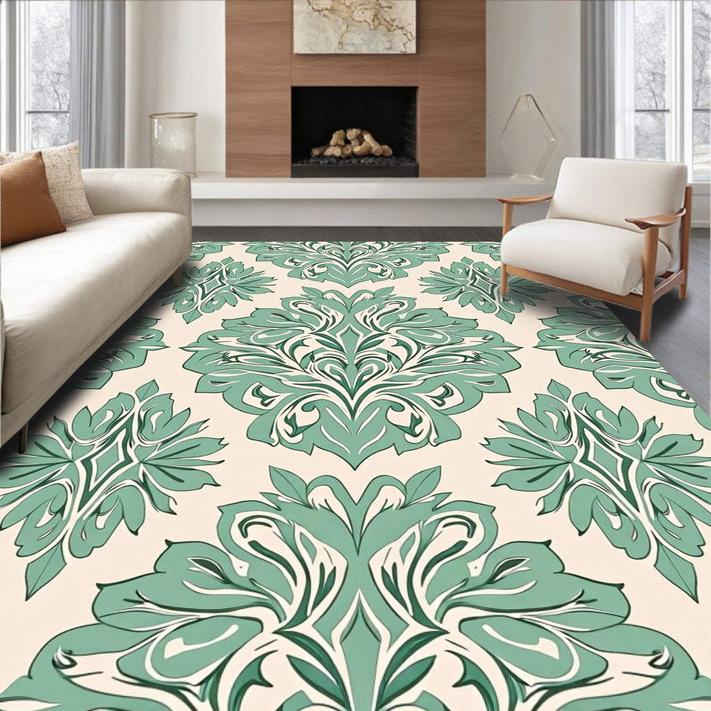 Elegant Teal Cream Damask Pattern Rug