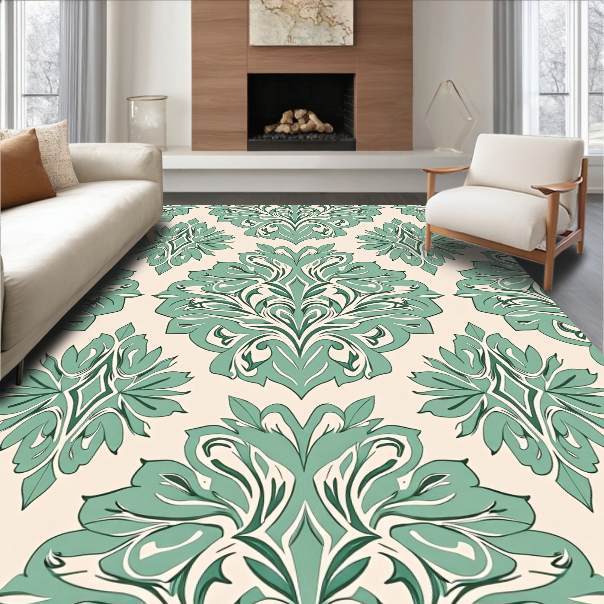 Elegant Teal Cream Damask Pattern Rug
