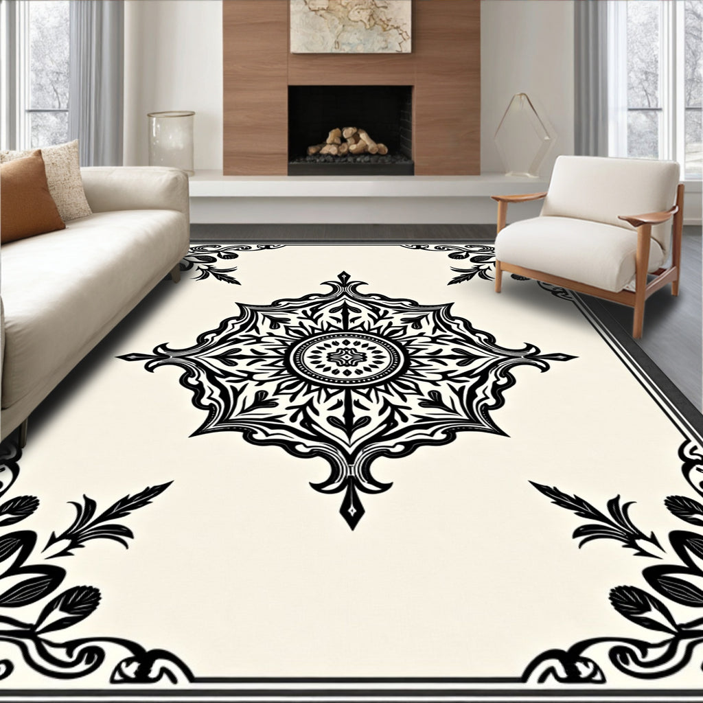 Classic Black White Medallion Pattern Rug