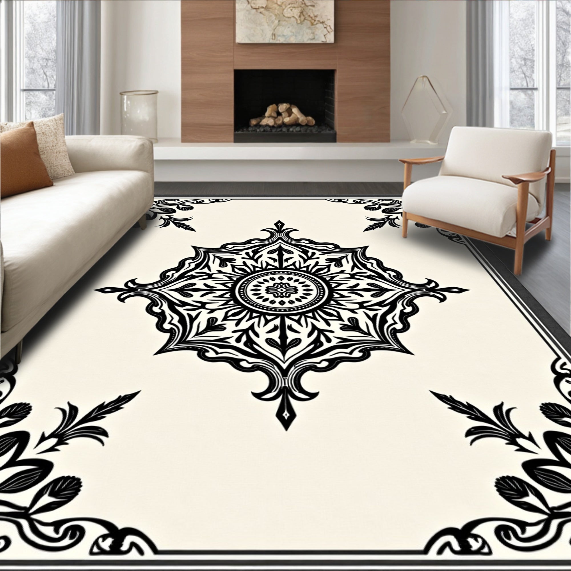 Classic Black White Medallion Pattern Rug