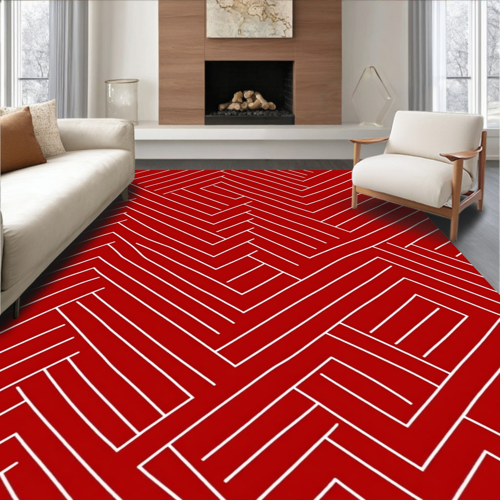 Abstract Red Interlocking Lines Rug