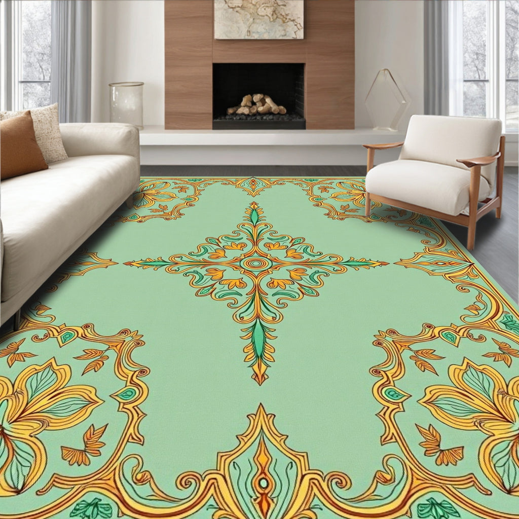 Mint Green Golden Floral Scroll Medallion Rug
