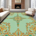 Mint Green Golden Floral Scroll Medallion Rug