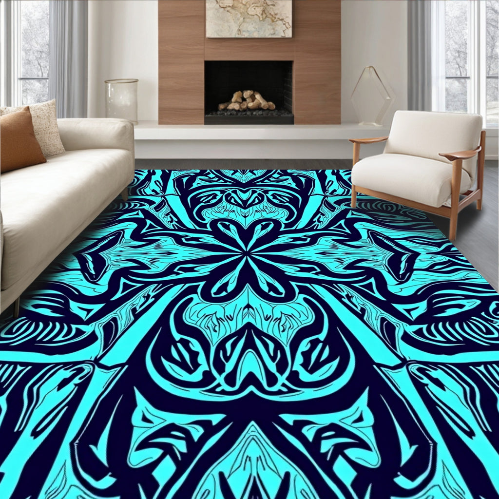 Symmetric Cyan Abstract Pattern Design Rug