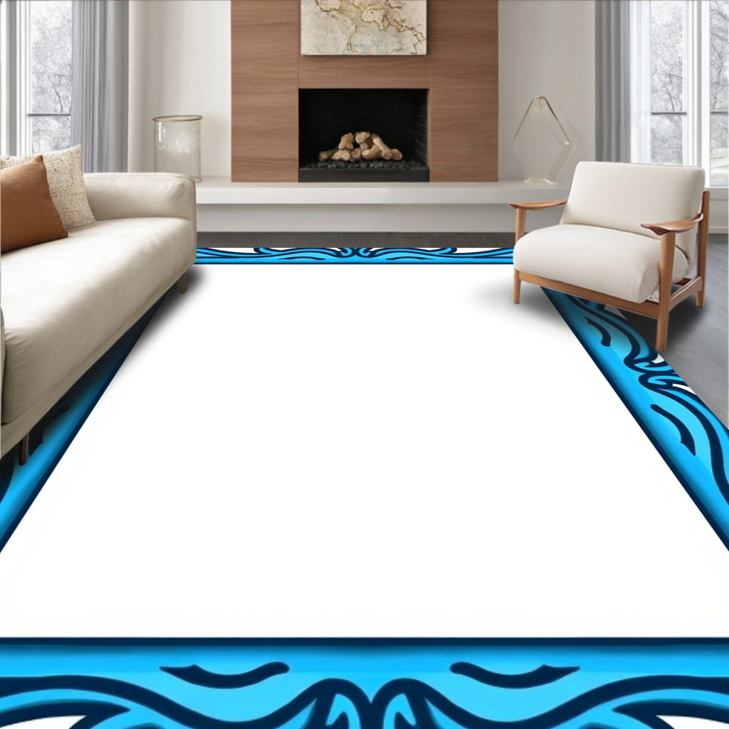 Ornate Royal Blue Scrollwork Frame Rug