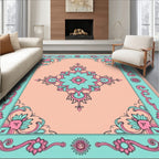 Teal Pink Floral Central Medallion Rug