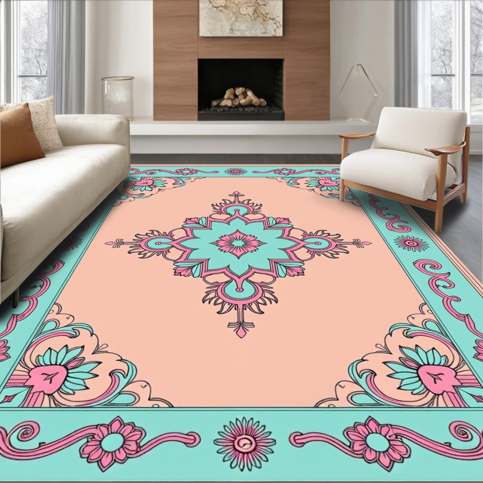 Teal Pink Floral Central Medallion Rug