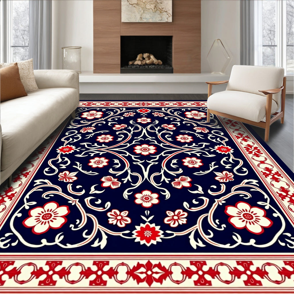 Classic Red White Floral Vine Design Rug