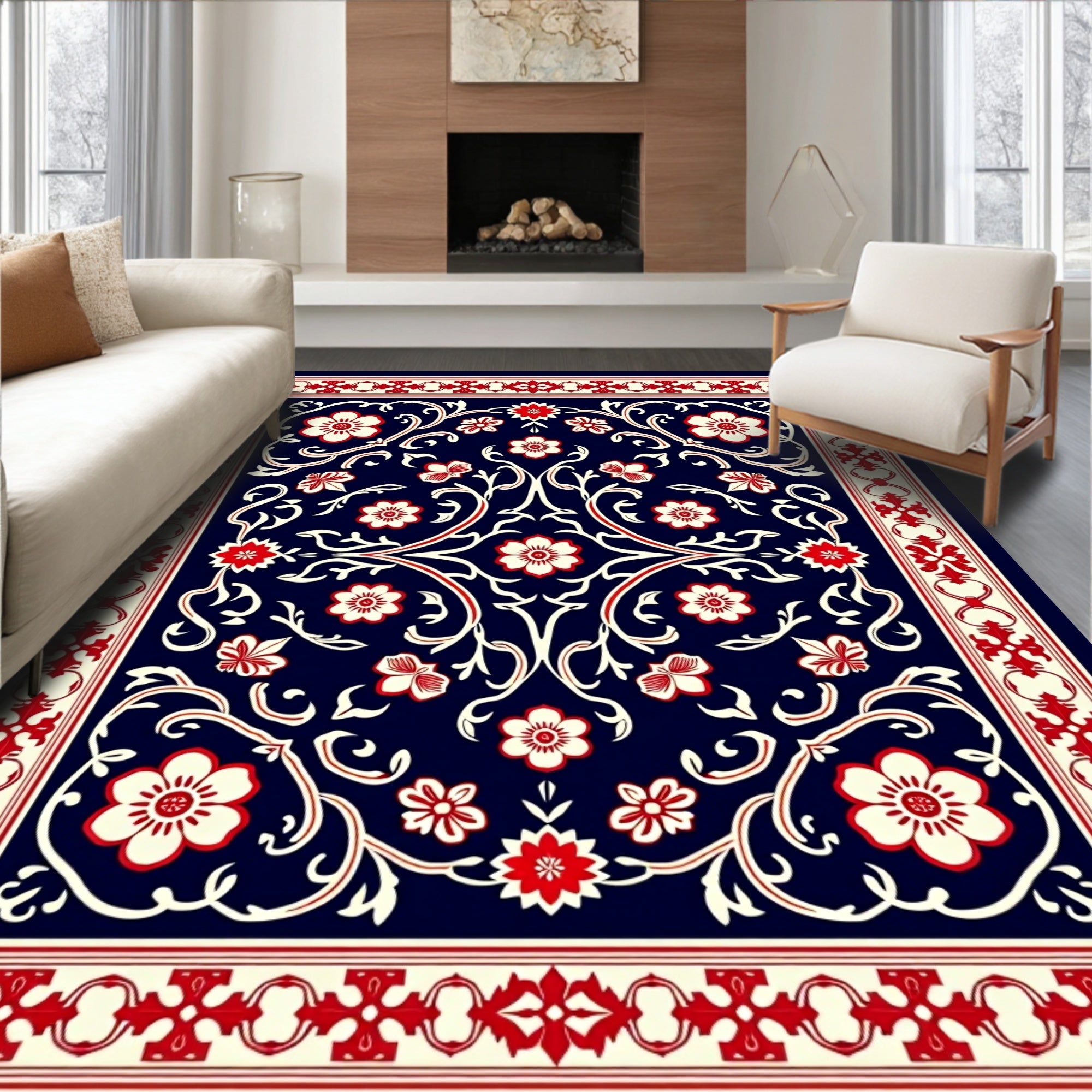Classic Red White Floral Vine Design Rug