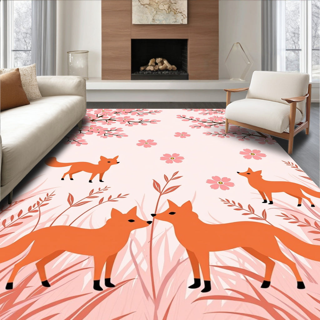 Whimsical Foxes Among Cherry Blossoms Rug