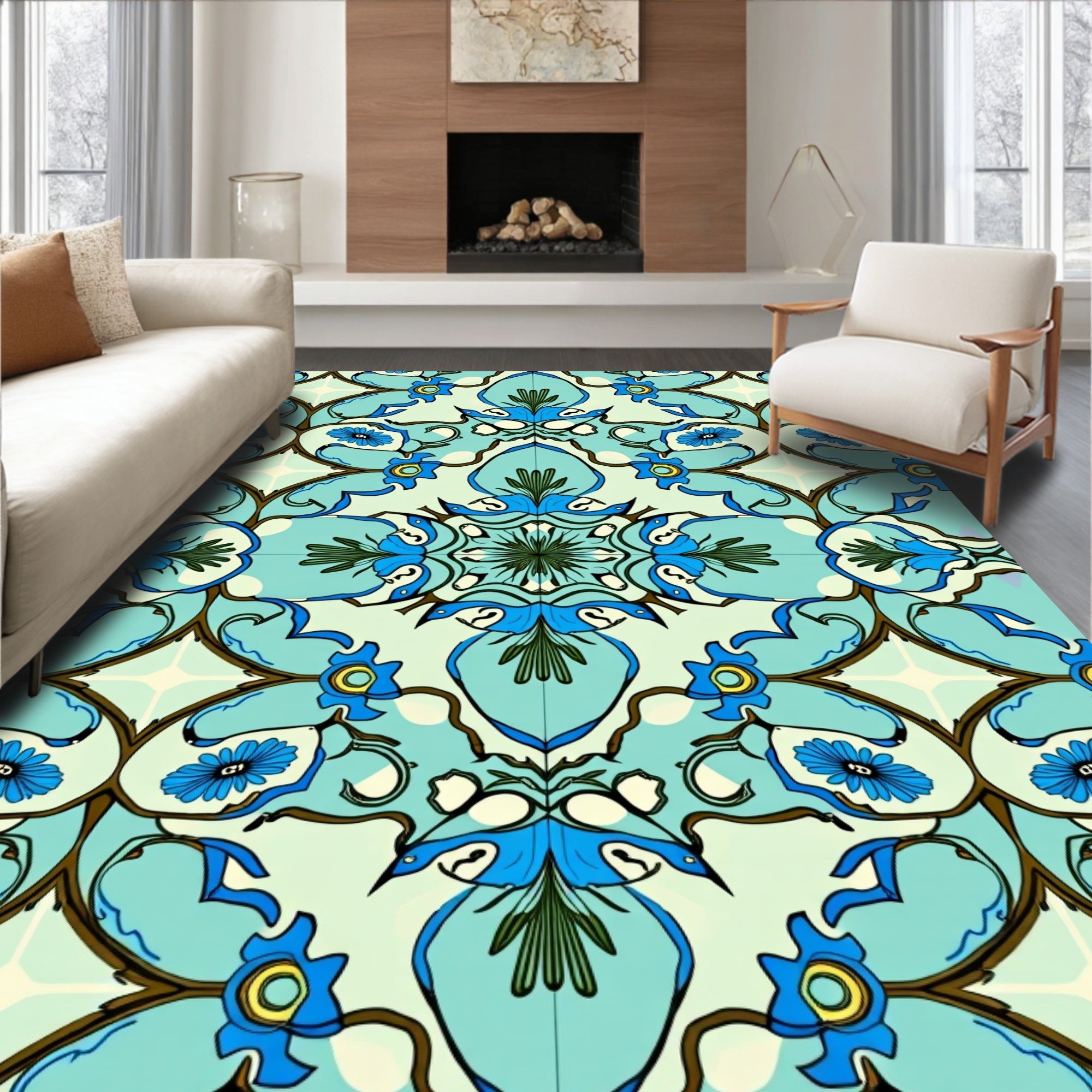 Blue Floral Scrollwork Pattern Rug