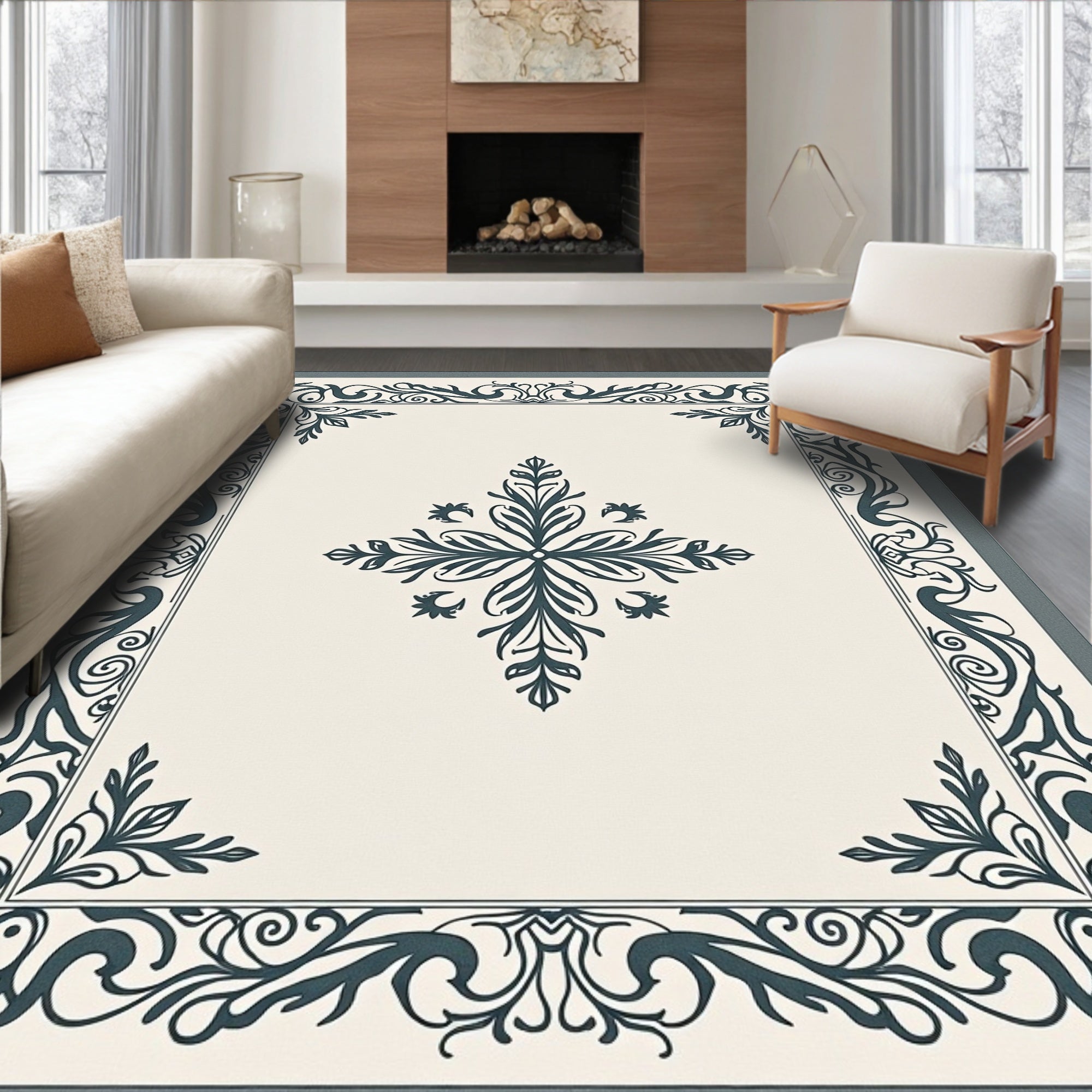 Ornate Floral Scrollwork Framed Rug