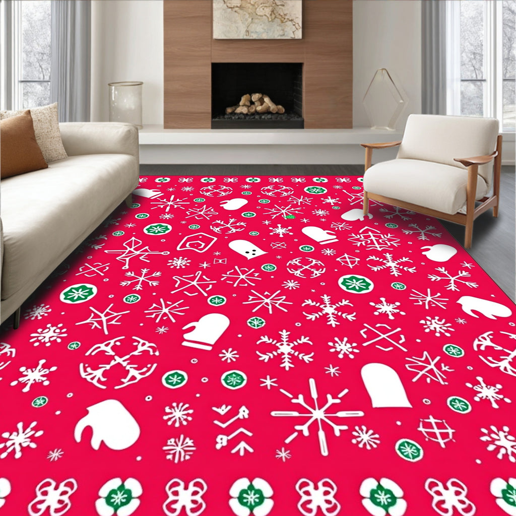 Red Snowflake Mitten Scattered Elements Rug