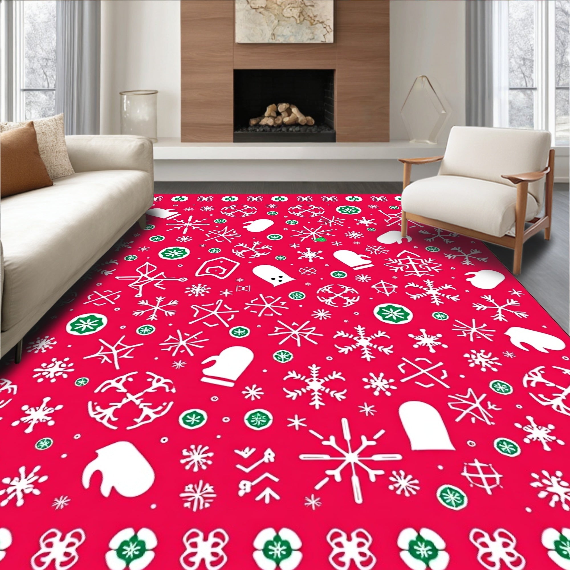 Red Snowflake Mitten Scattered Elements Rug