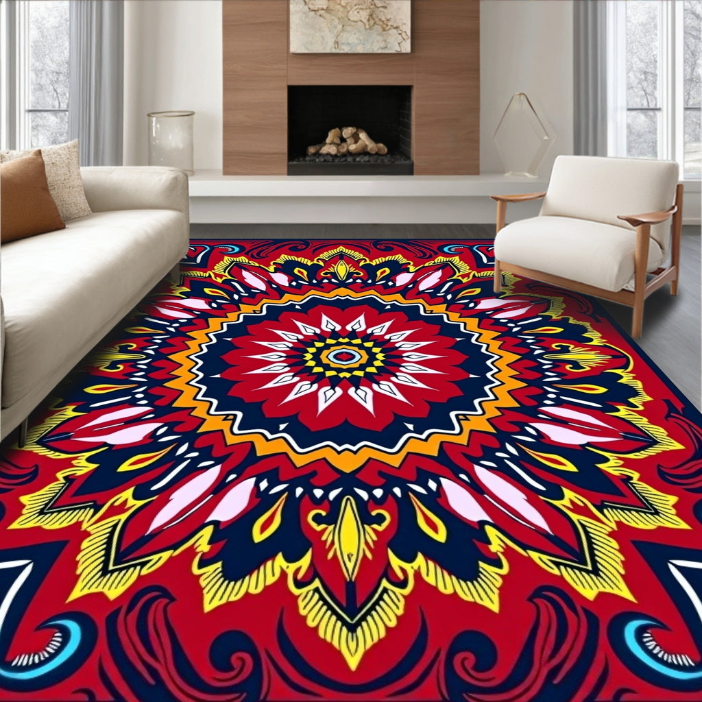 Vibrant Red Floral Mandala Pattern Rug