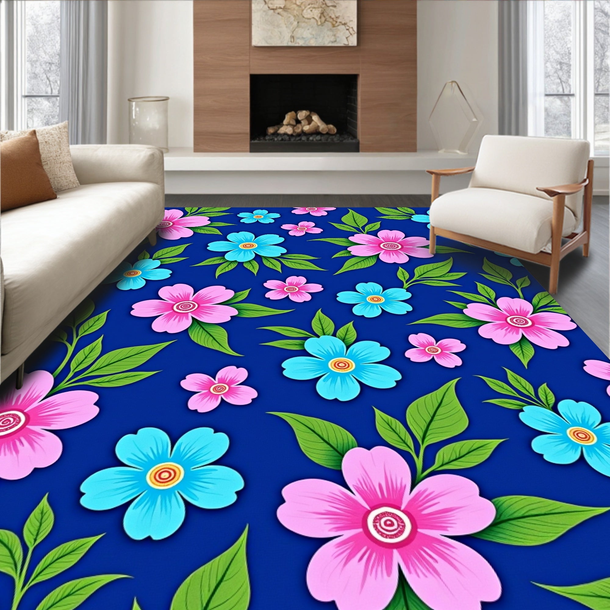 Pink and Blue Floral Pattern Rug