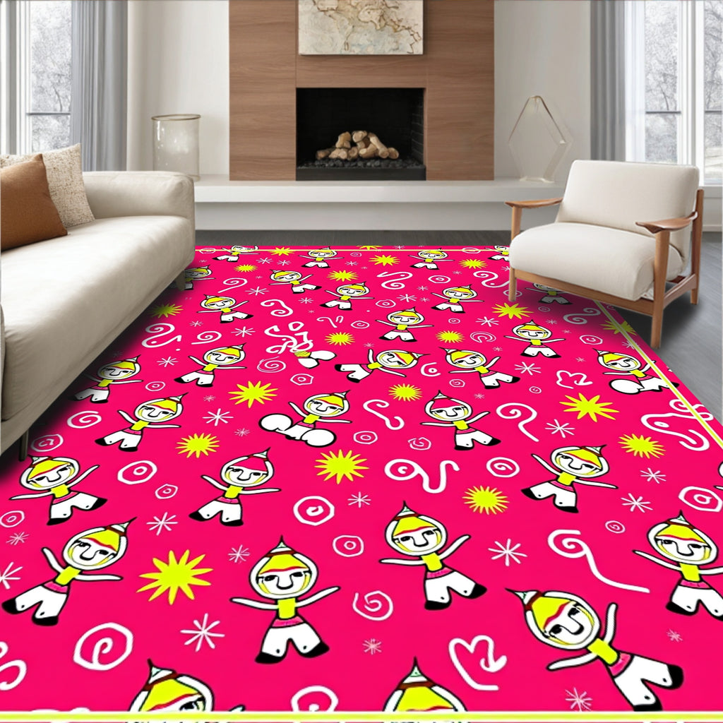 Pink Whimsical Figure Starburst Swirls Rug