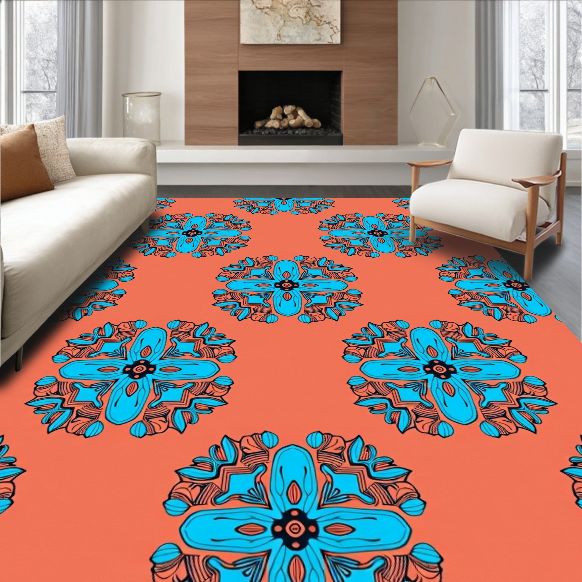 Coral Blue Mandala Pattern Rug