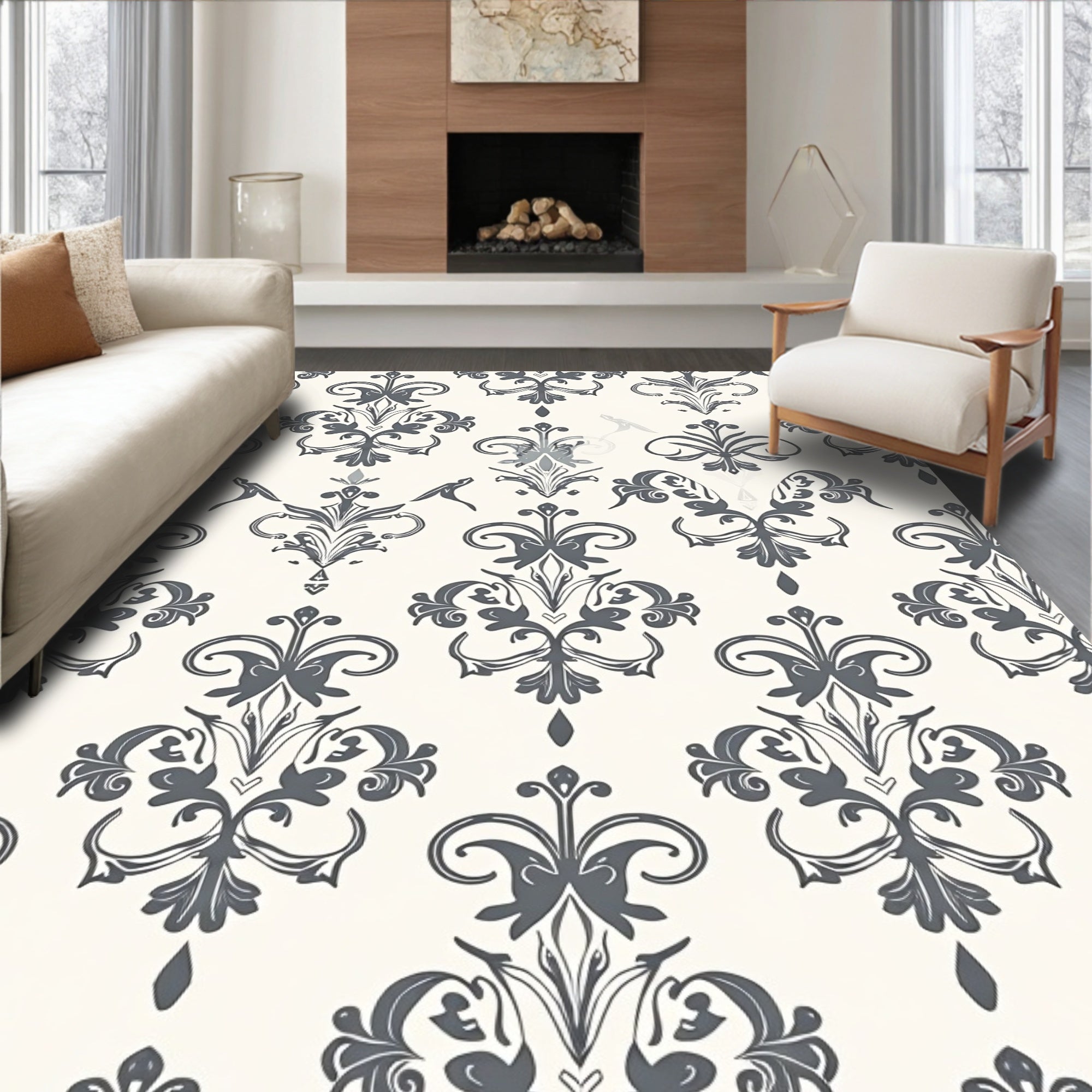 Classic Ornamental Grey and Cream Pattern Rug
