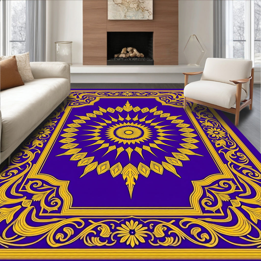 Royal Blue Gold Floral Mandala Rug